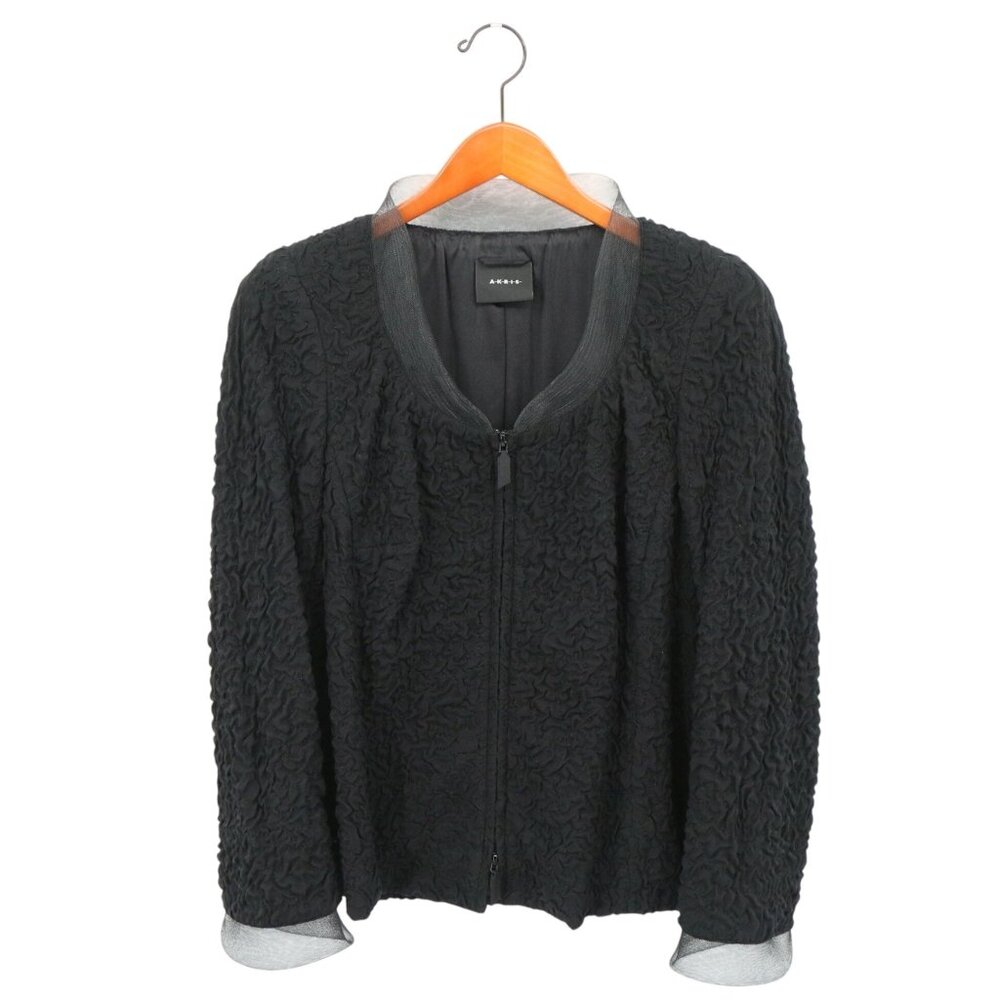 Akris Rippled Silk Textured Mesh Trim Black Evening Jacket 14